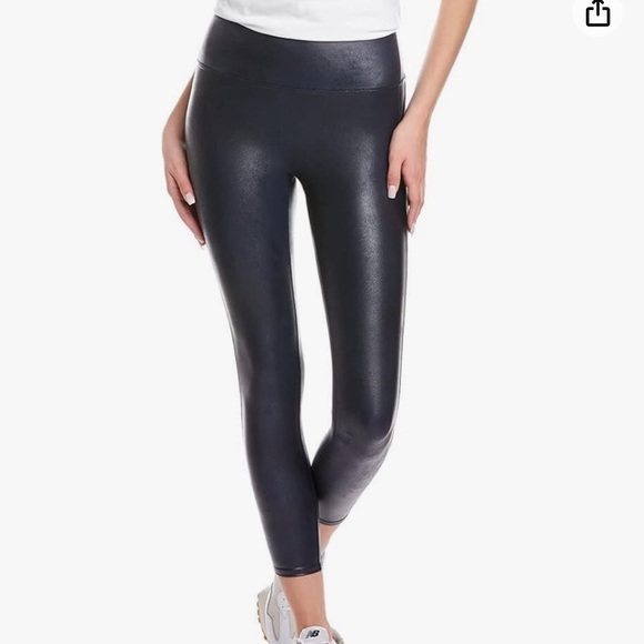 Spanx Faux Leather Navy Blue Stripe 7/8 Length Leggings Size Small Pants - Picture 2 of 10